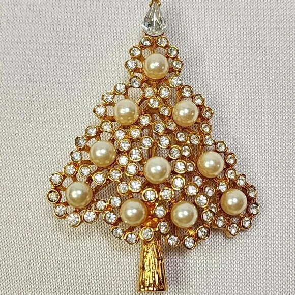 Napier Pearl and Crystal and Golden Christmas Tree Brooch - Picture 1 of 8
